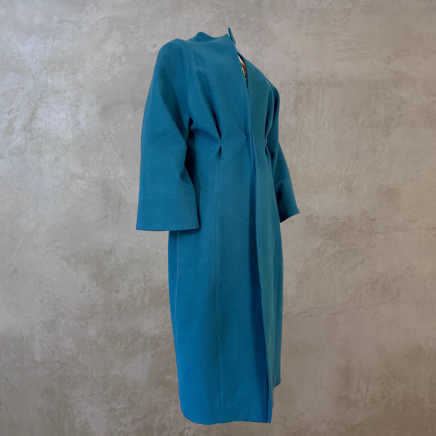 Longer Length Petrol Blue Merino Flannel Cocoon Coat. A shapely and superbly soft investment piece for dressing up or down in Winter. Comfortable, easy and elegant. Handmade in Britain.