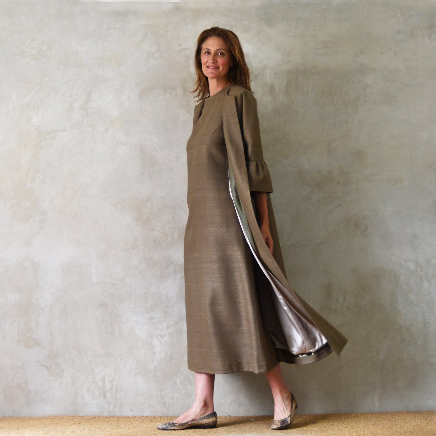 khaki silk matka burlison dress image 2