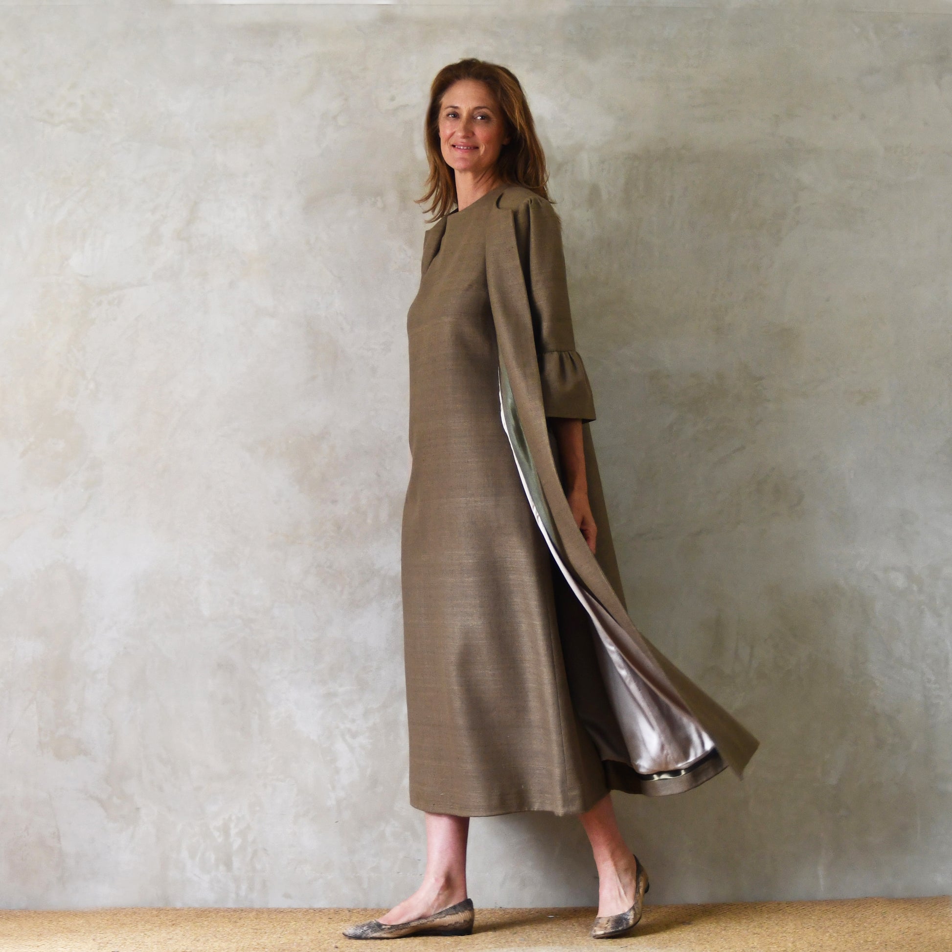 khaki silk matka burlison dress image 2