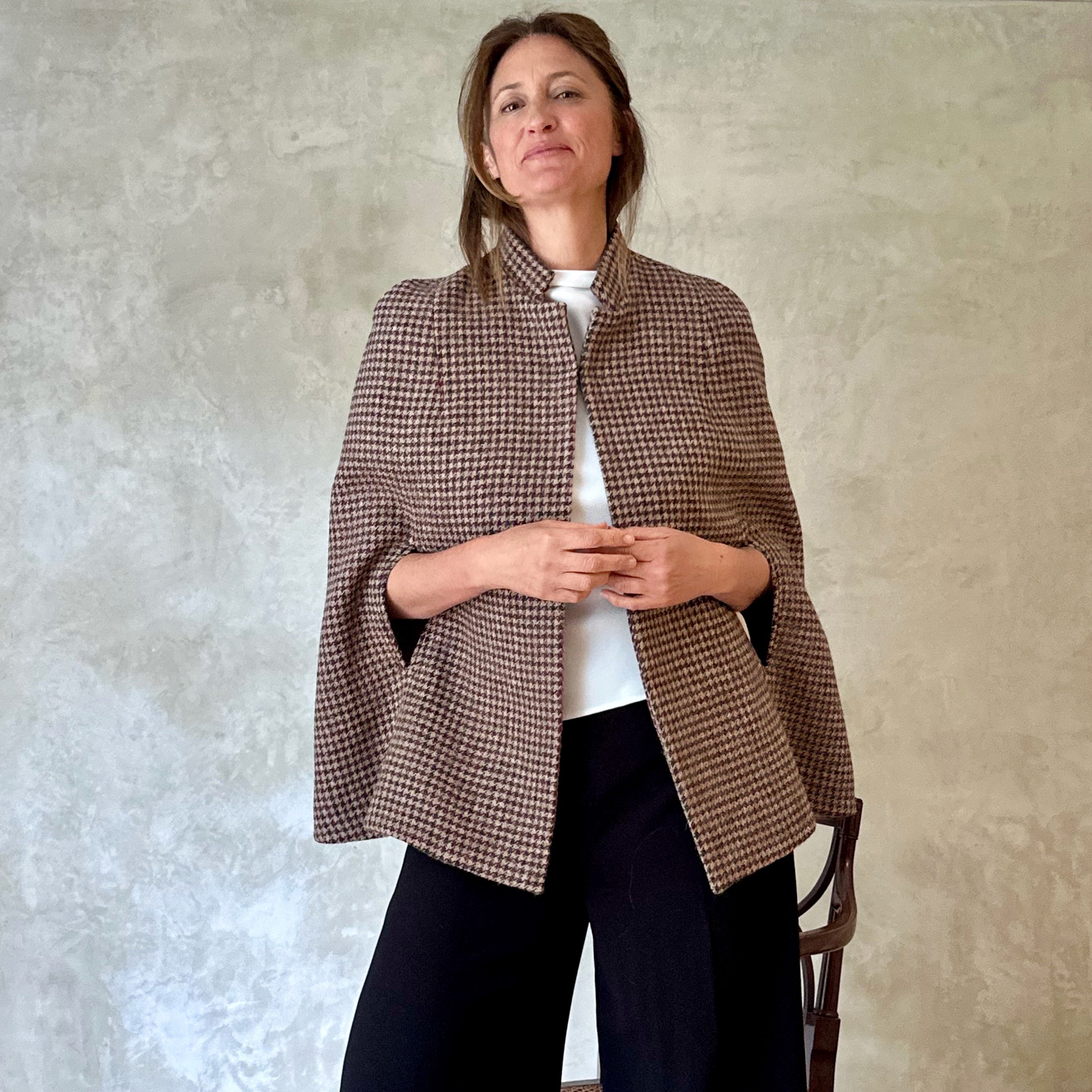 the clayton cape in camel, red and green check lovat tweed image 9