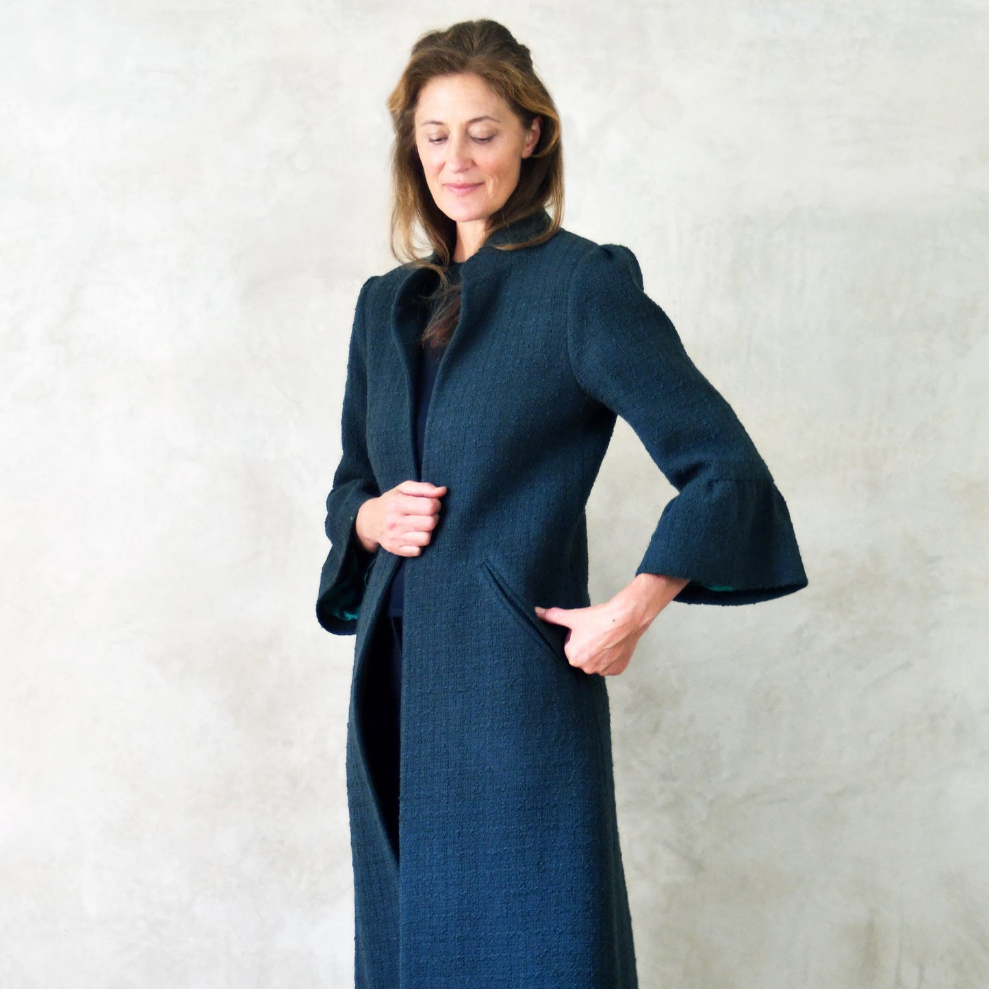 the delany coat in bottle green green wool boucle image 0