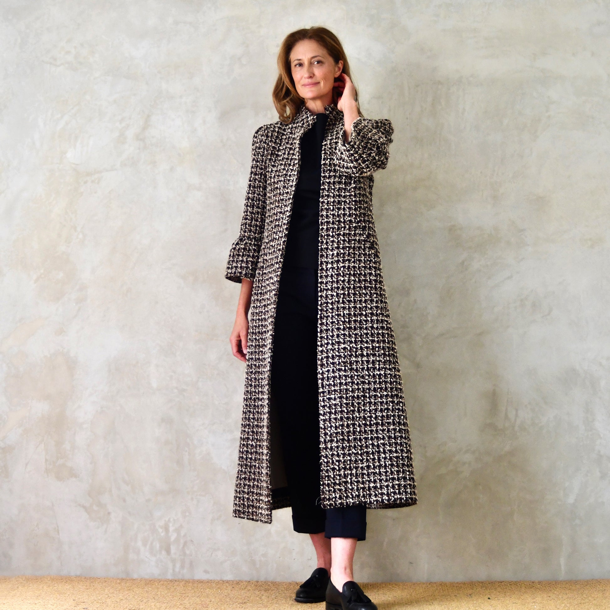 the delany coat in ivory, black, brown and copper bouclé image 4