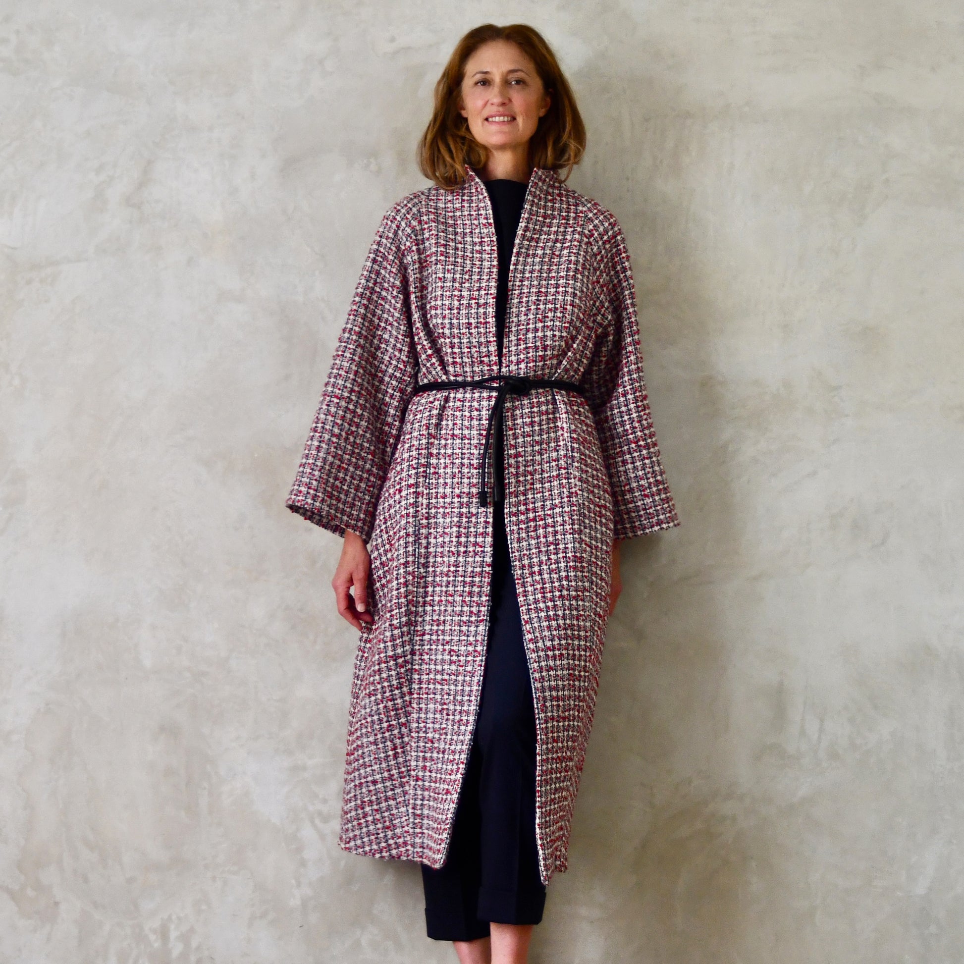 the long frink in red, ecru and navy wool boucle image 0