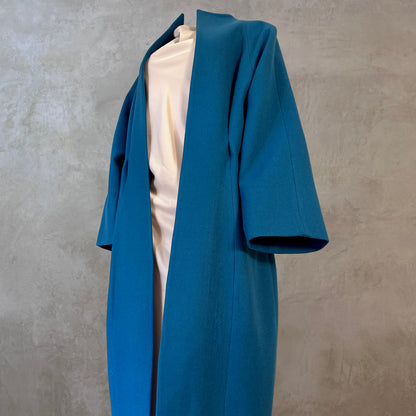 Longer Length Petrol Blue Merino Flannel Cocoon Coat. A shapely and superbly soft investment piece for dressing up or down in Winter. Comfortable, easy and elegant. Handmade in Britain.