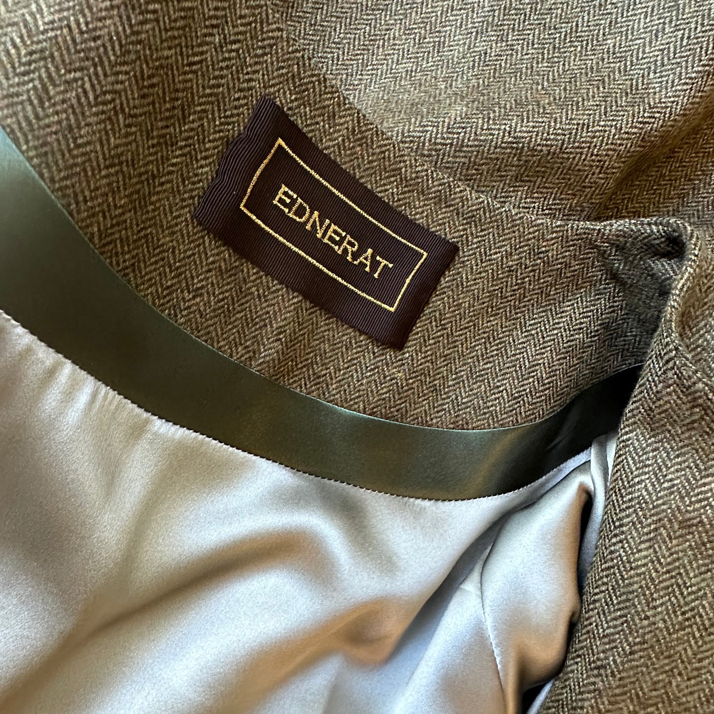 the brett coat in deep sage green lambswool herringbone tweed image 9