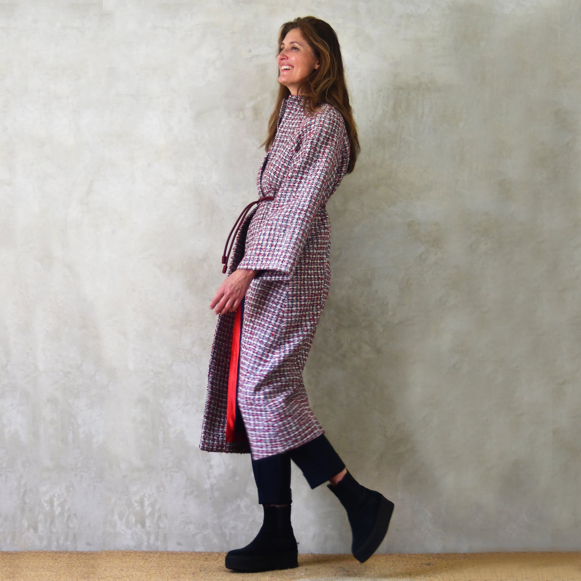 the long frink in red, ecru and navy wool boucle image 3