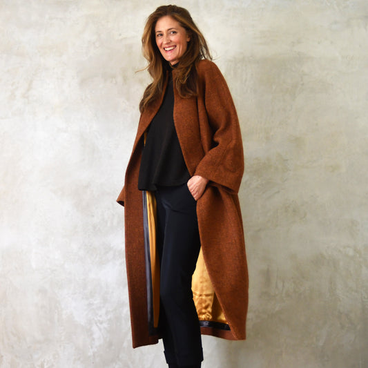 Longer Length Russet Tweed Cocoon Coat. A superbly warm and elegant coat - perfect for dressing up and wrapping up in winter. Pure Wool Coat. Handmade in Britain. Open View, showing gold silk lining.