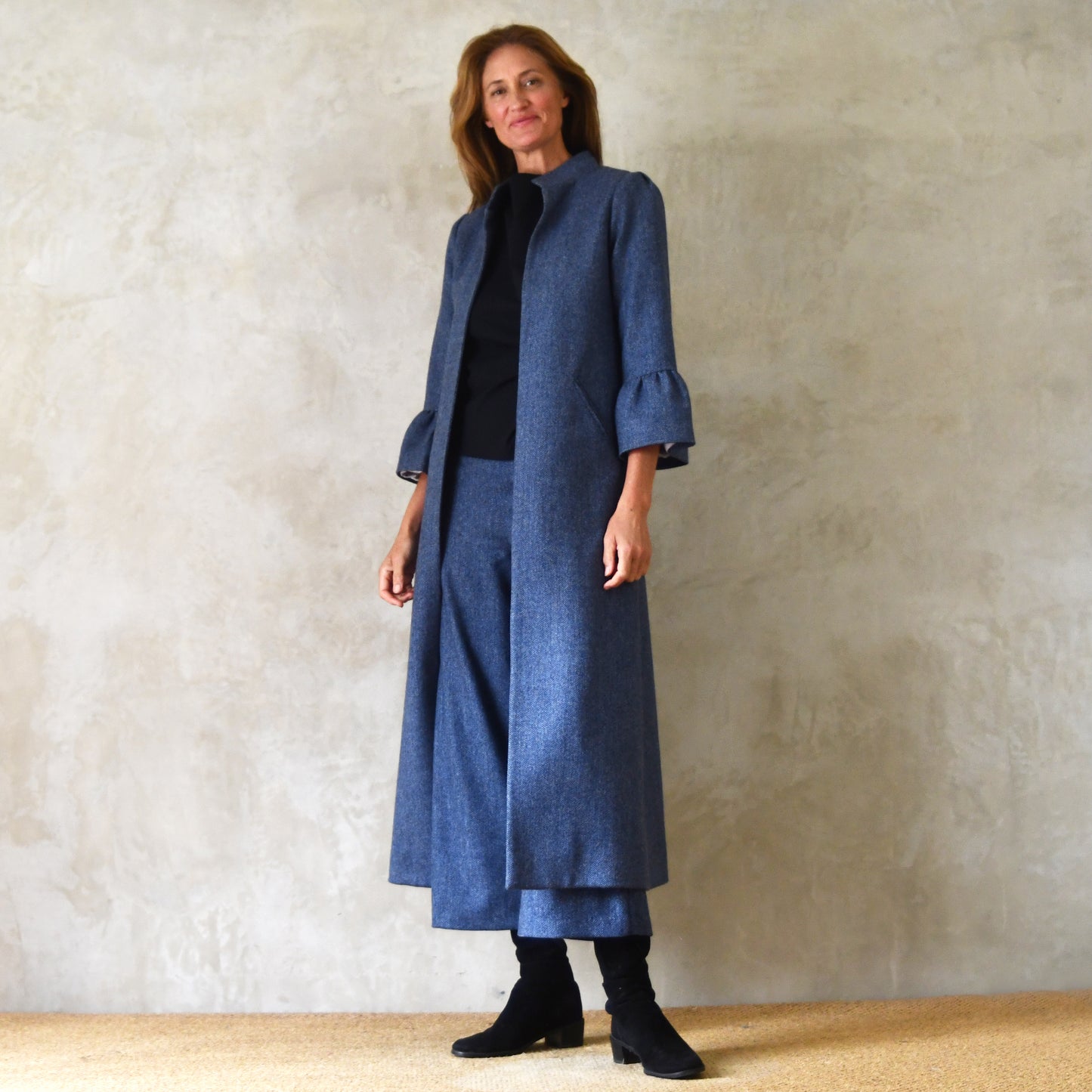 the delany coat in denim blue lambswool herringbone tweed image 2