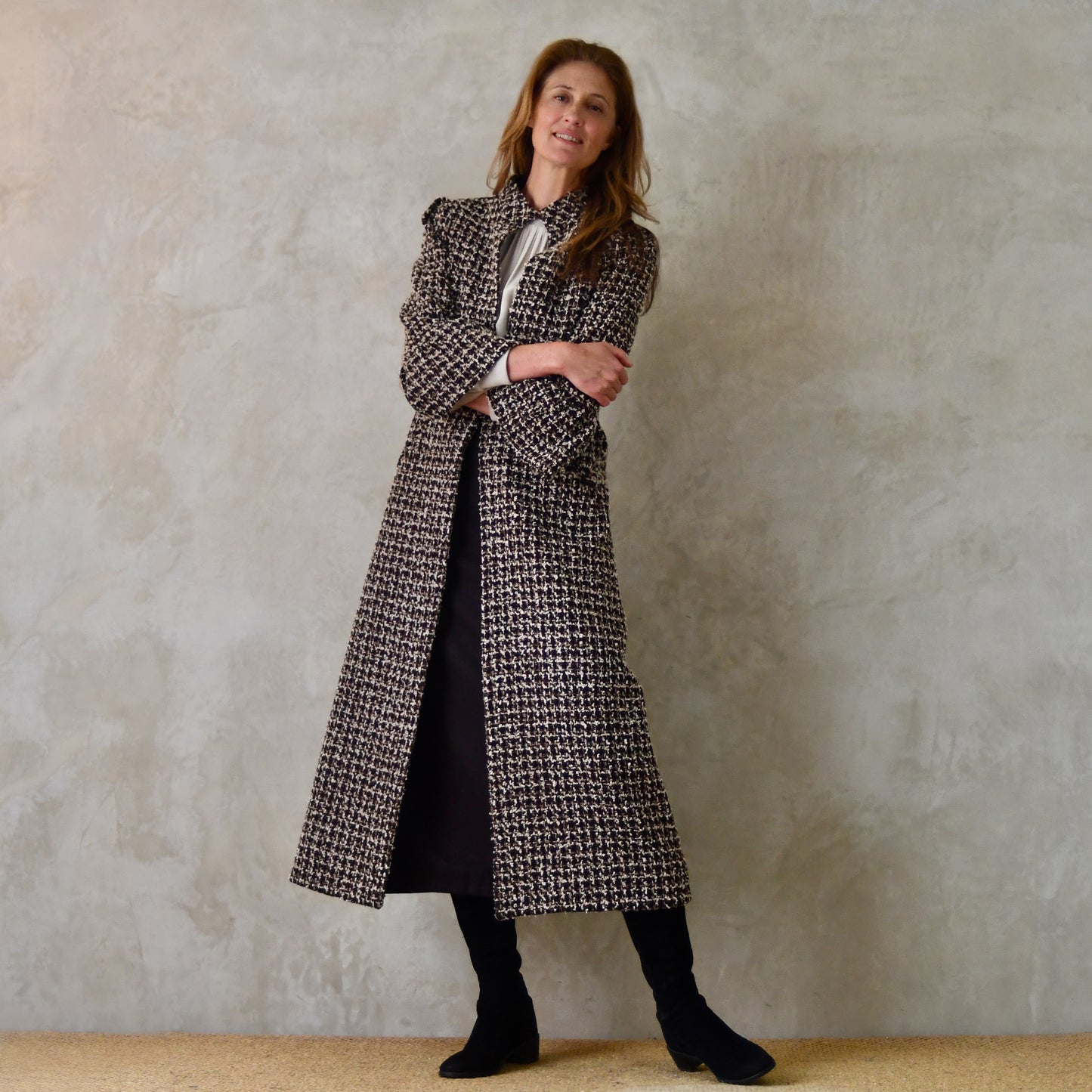 the delany coat in ivory, black, brown and copper bouclé image 10