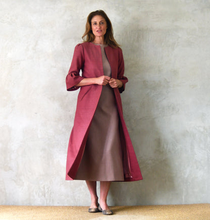 Bespoke British-made Bell Sleeve A-Line Coat in Silk Matka. Summer Weight Silk Coat with Sleeve Detail – Perfect for Formal Occasions and wearable even on the hottest of days. Handmade in Britain. Pink Silk.