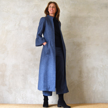 the delany coat in denim blue lambswool herringbone tweed image 1