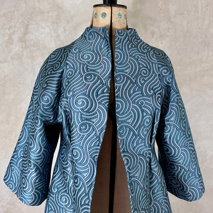the frink coat in a teal swirl silk-mix brocade image 5