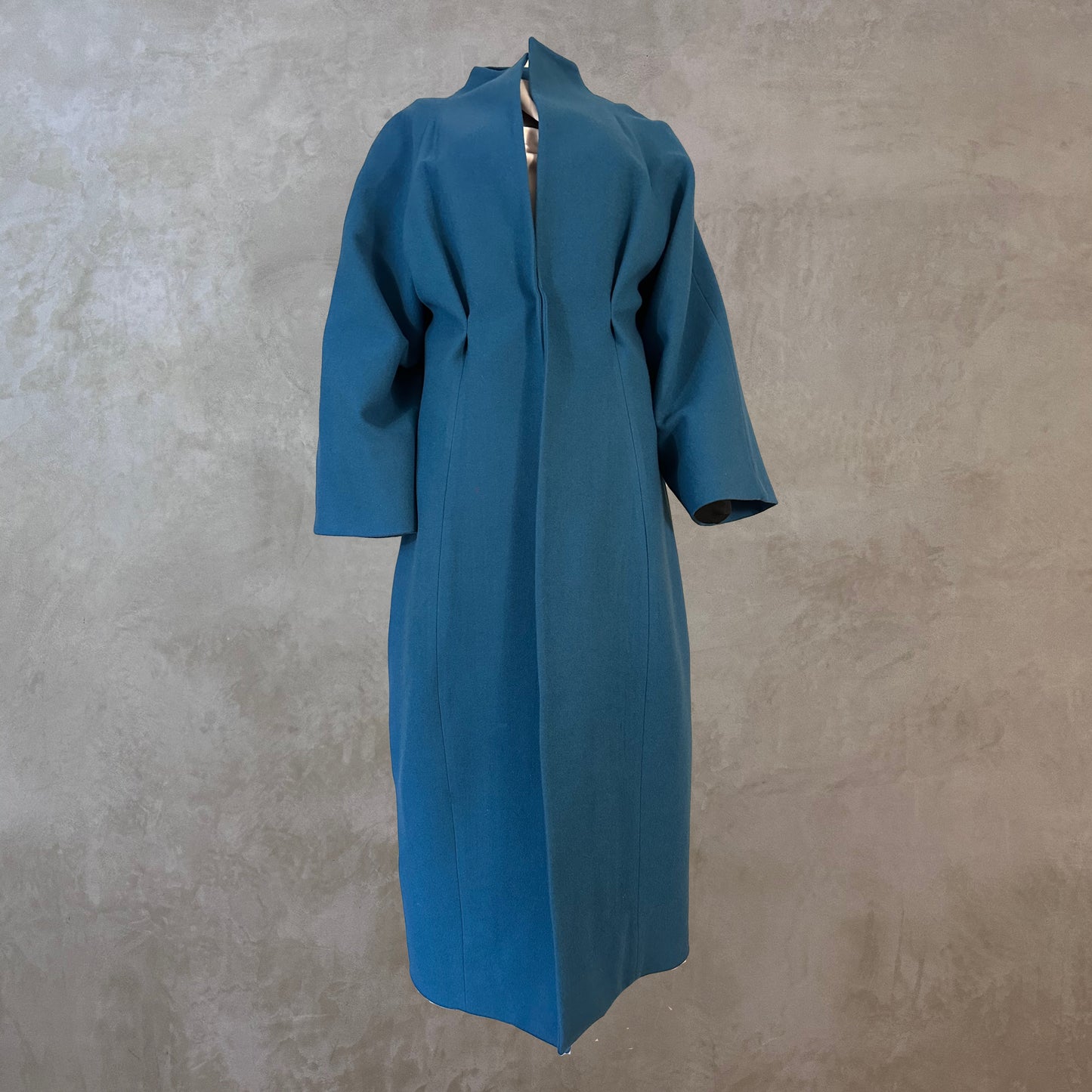 Longer Length Petrol Blue Merino Flannel Cocoon Coat. A shapely and superbly soft investment piece for dressing up or down in Winter. Comfortable, easy and elegant. Handmade in Britain.