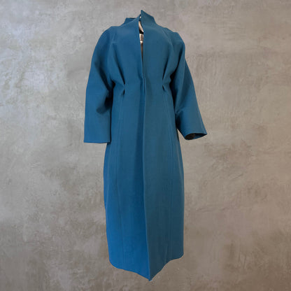Longer Length Petrol Blue Merino Flannel Cocoon Coat. A shapely and superbly soft investment piece for dressing up or down in Winter. Comfortable, easy and elegant. Handmade in Britain.