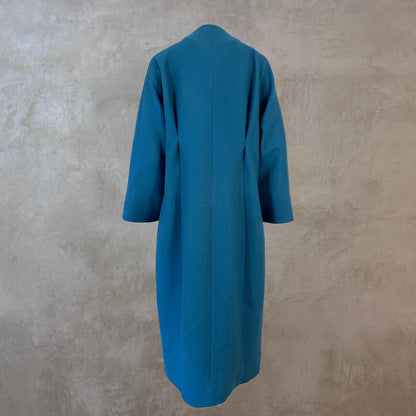 Longer Length Petrol Blue Merino Flannel Cocoon Coat. A shapely and superbly soft investment piece for dressing up or down in Winter. Comfortable, easy and elegant. Handmade in Britain.