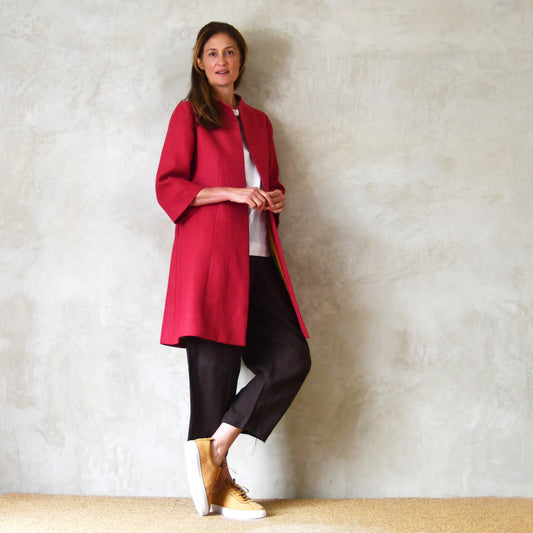 Red Linen Trapeze Coat