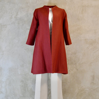 Trapeze Swing Coat in Limited Edition Rust Corn Brocade. A bespoke  Elegant Spring or Work MidLength Swing Coat with slight vintage feel and flattering seaming details to front and rear. Entirely made in Great Britain. Front View.
