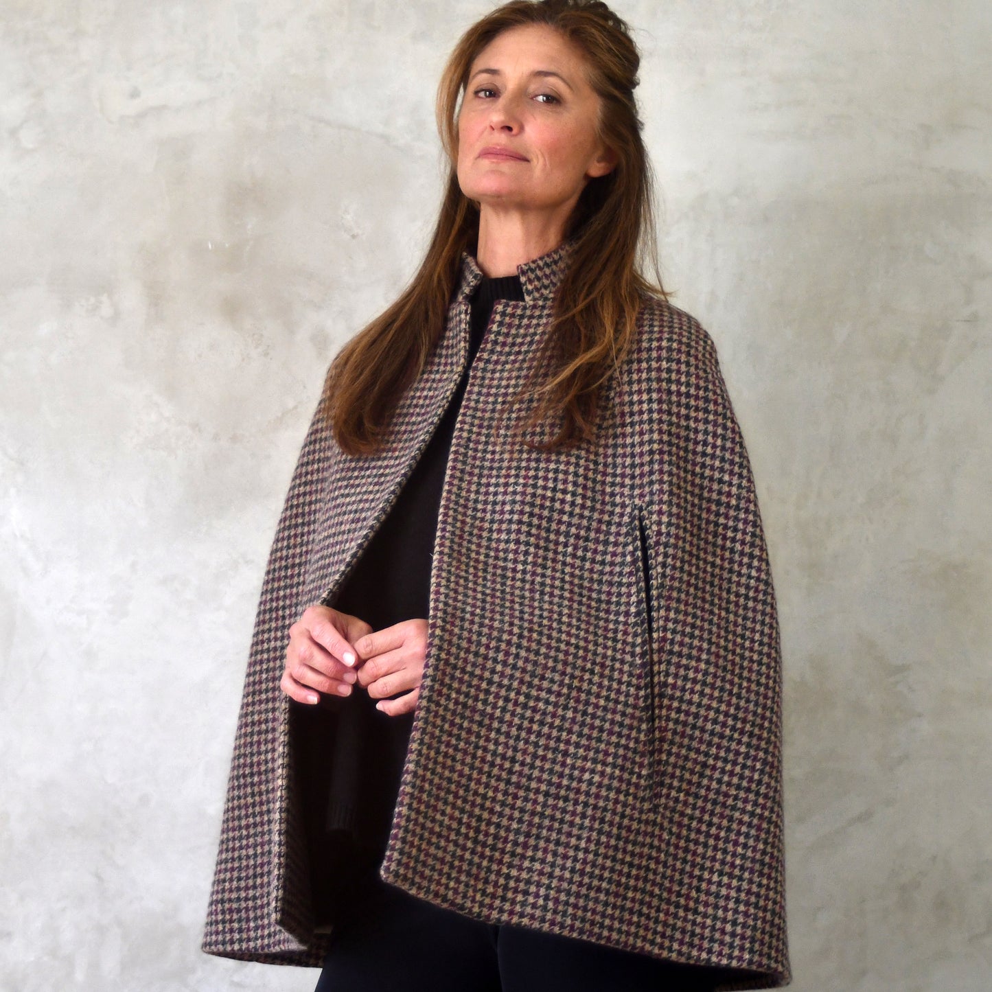 the clayton cape in camel, red and green check lovat tweed image 1