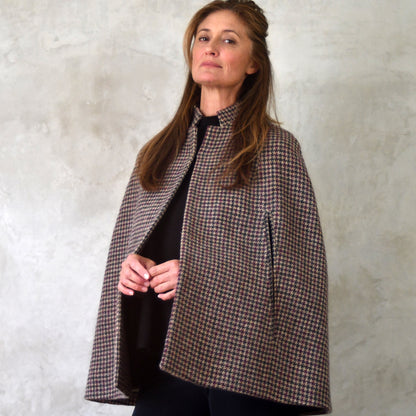 the clayton cape in camel, red and green check lovat tweed image 1
