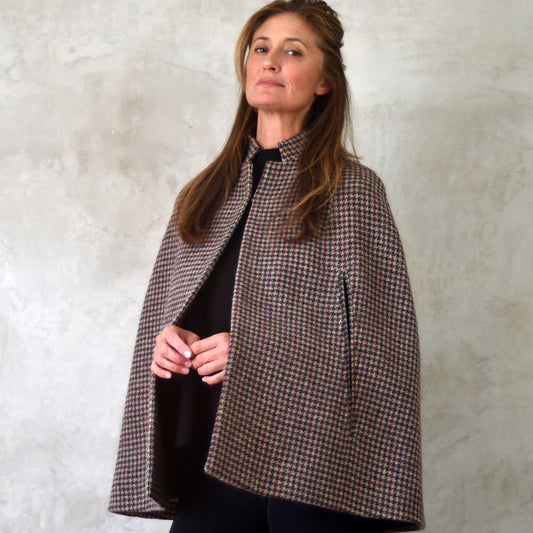 the clayton cape in camel, red and green check lovat tweed image 1
