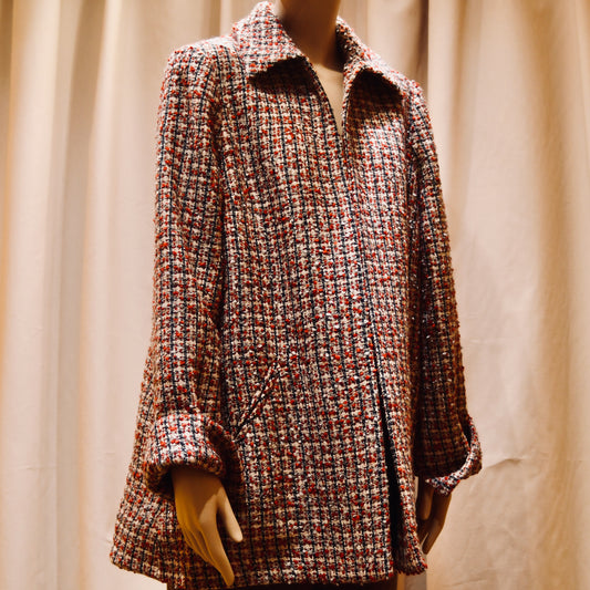 Tailored Swing Jacket in in Red, Ecru and Navy Wool Bouclé from Linton Tweeds. This bespoke jacket has rolled cuffs, a textured finish and a flared silhouette. Shown from the front. Handmade in Britain.
