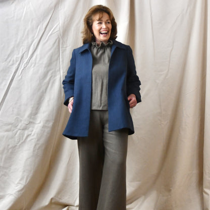 Navy Swing Jacket in Irish Linen. Easy and elegant jacket with cuff detail, slant pockets and a wide neck. Handmade in Britain.