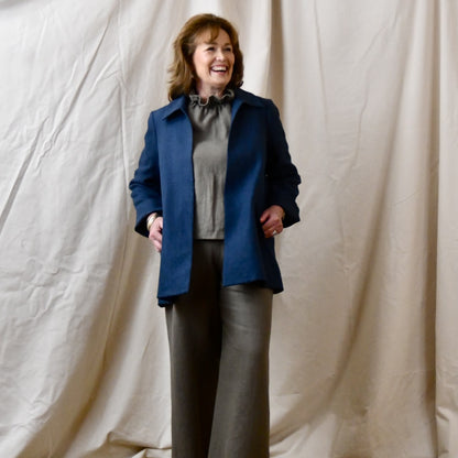 Navy Swing Jacket in Irish Linen. Easy and elegant jacket with cuff detail, slant pockets and a wide neck. Handmade in Britain.