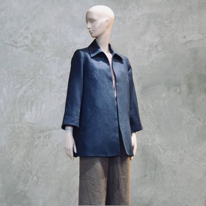 Navy Swing Jacket in Irish Linen. Easy and elegant jacket with cuff detail, slant pockets and a wide neck. Handmade in Britain.