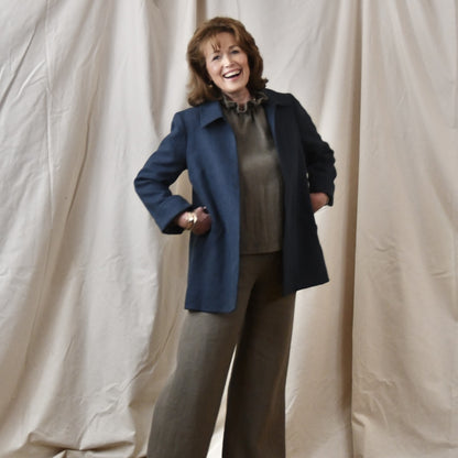 Navy Swing Jacket in Irish Linen. Easy and elegant jacket with cuff detail, slant pockets and a wide neck. Handmade in Britain.