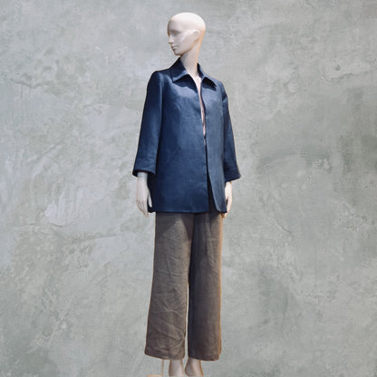 Navy Swing Jacket in Irish Linen. Easy and elegant jacket with cuff detail, slant pockets and a wide neck. Handmade in Britain.