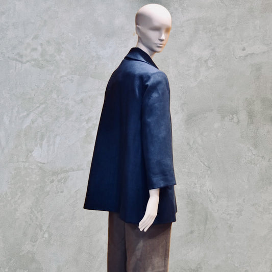 Navy Swing Jacket in Irish Linen. Easy and elegant jacket with cuff detail, slant pockets and a wide neck. Handmade in Britain.