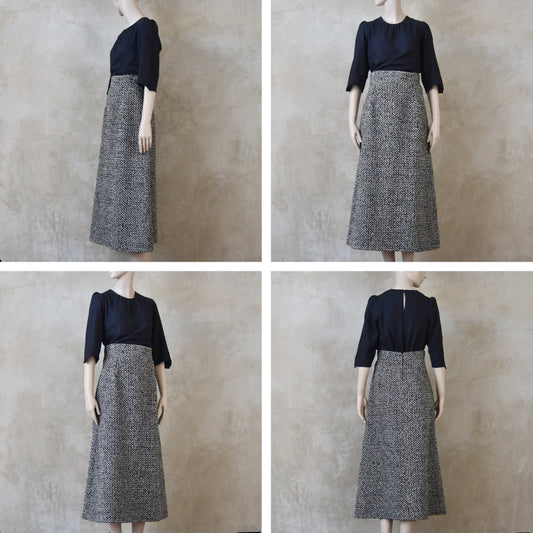 The Waisted A-Line Skirt in Black and White Linton Tweeds Boucle