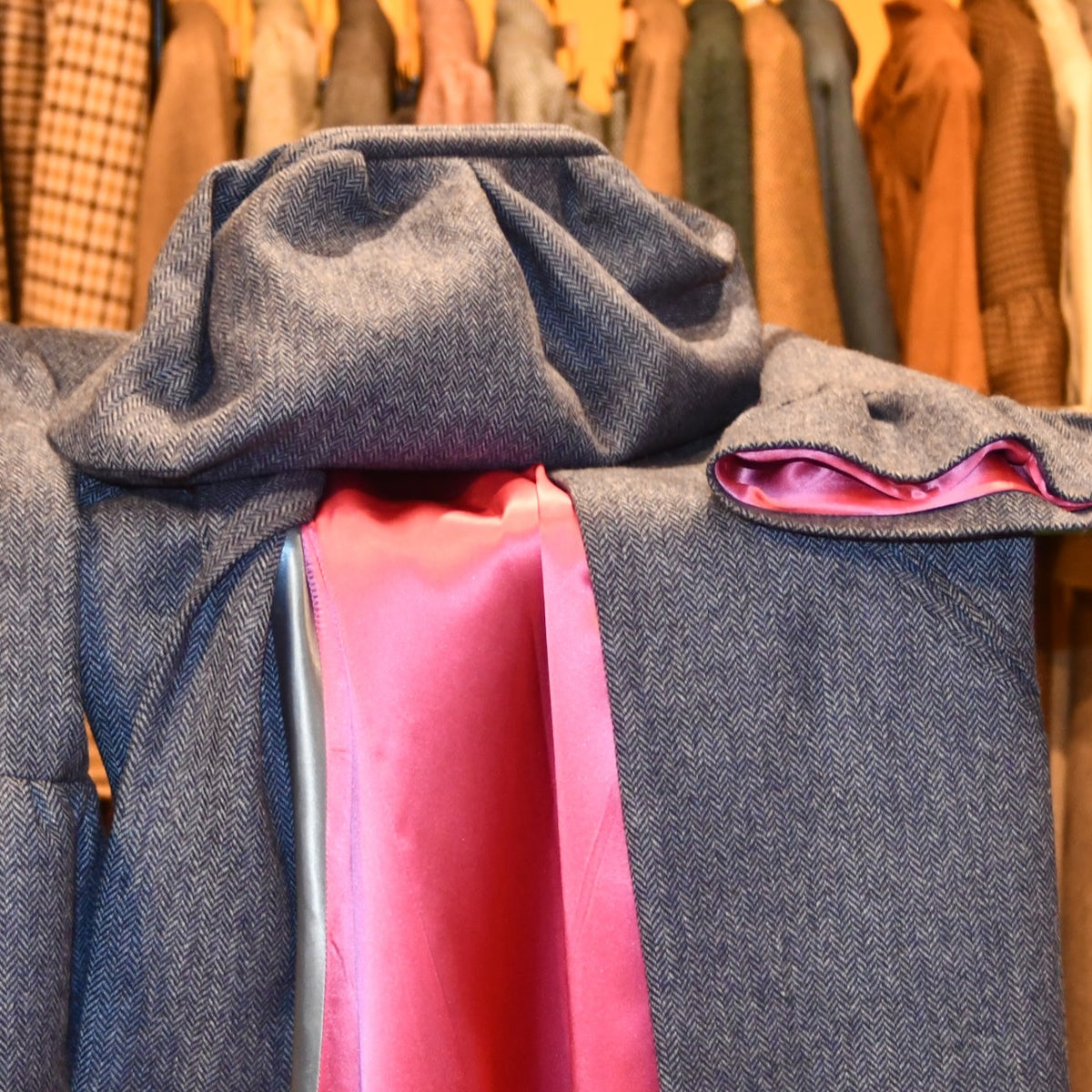 Hand Made Blue Herringbone Tweed Coat and matching Bag. Entirely made by hand. Entirely made in Great Britain.