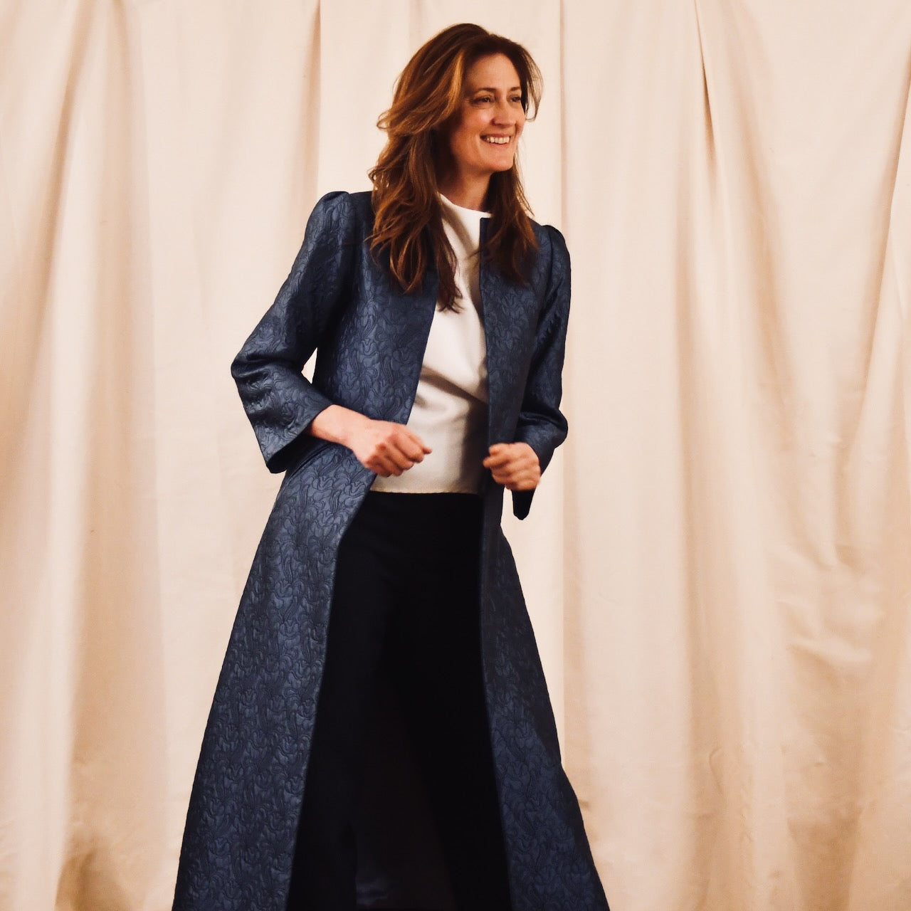 Blue Brocade A Line Coat