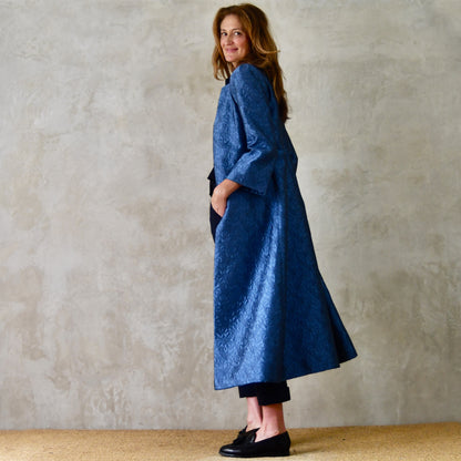 The Bell Coat in Blue Flower Brocade
