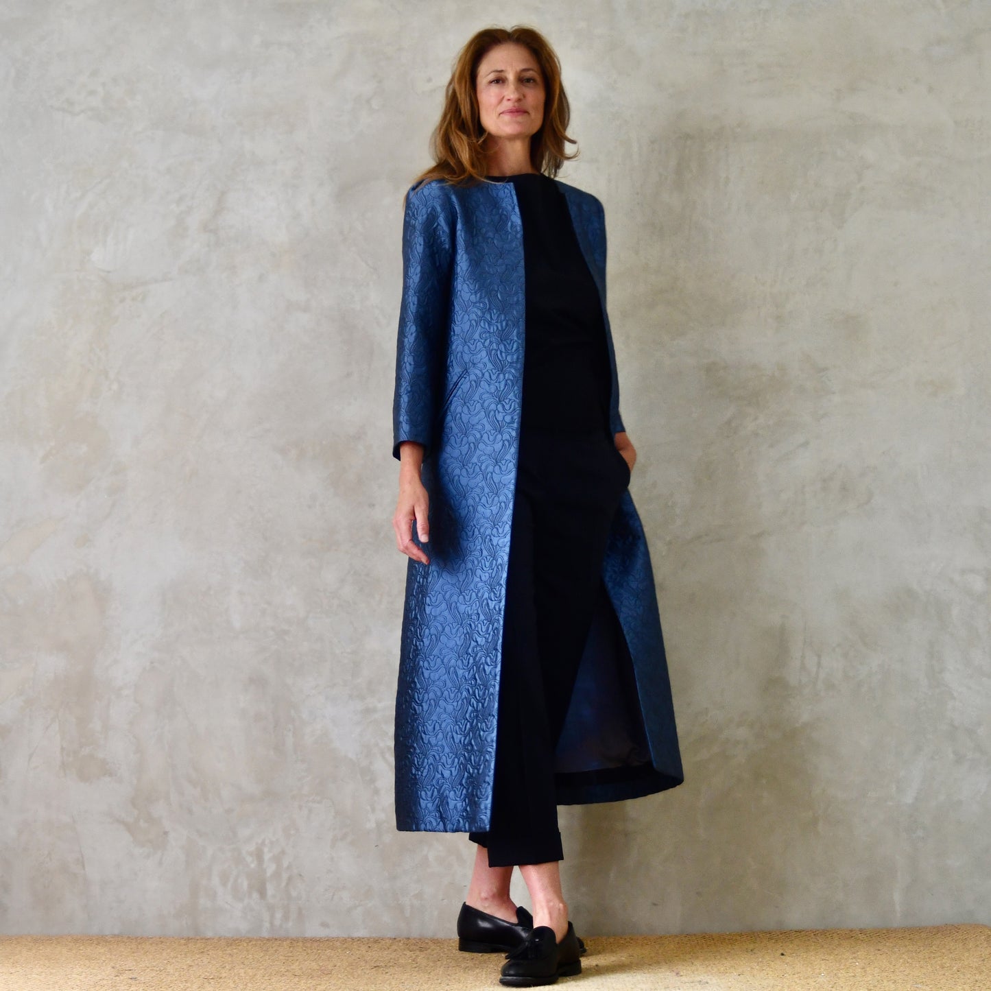 The Bell Coat in Blue Flower Brocade
