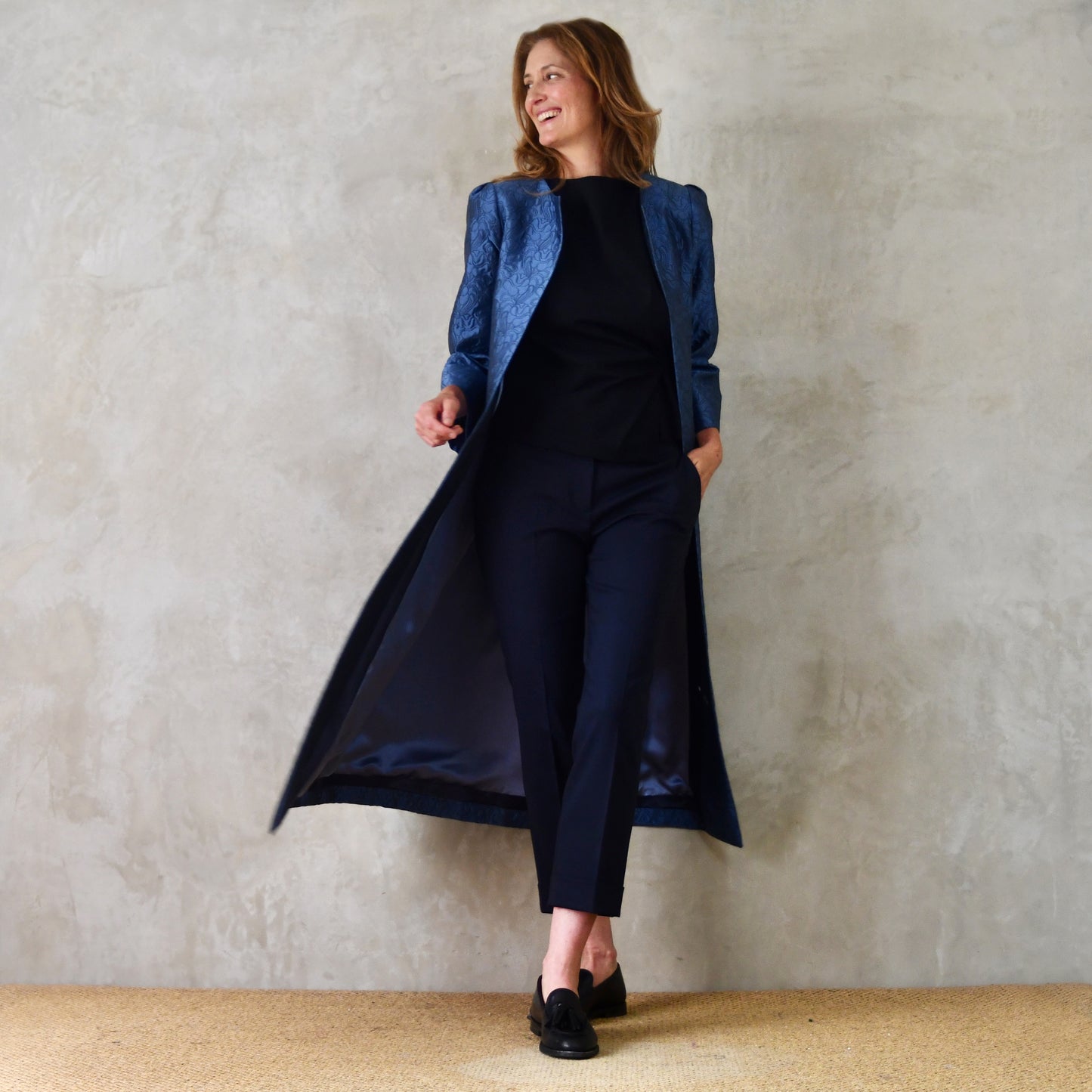 The Bell Coat in Blue Flower Brocade