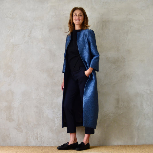 8 – The Bell Coat in Blue Flower Brocade