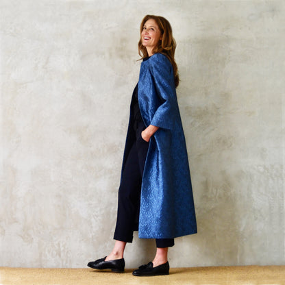The Bell Coat in Blue Flower Brocade