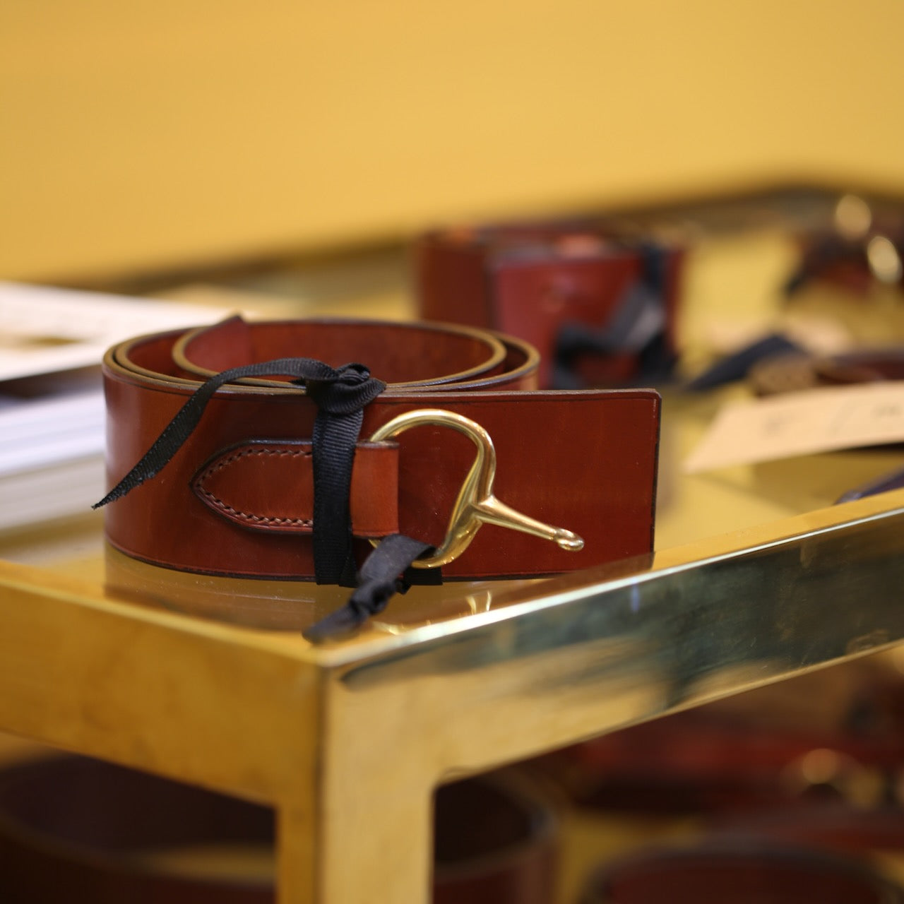 The EDNERAT Hazel Adjustable Bit Belt 95-110 cm in hazel leather with solid brass fittings. Handmade in Britain.