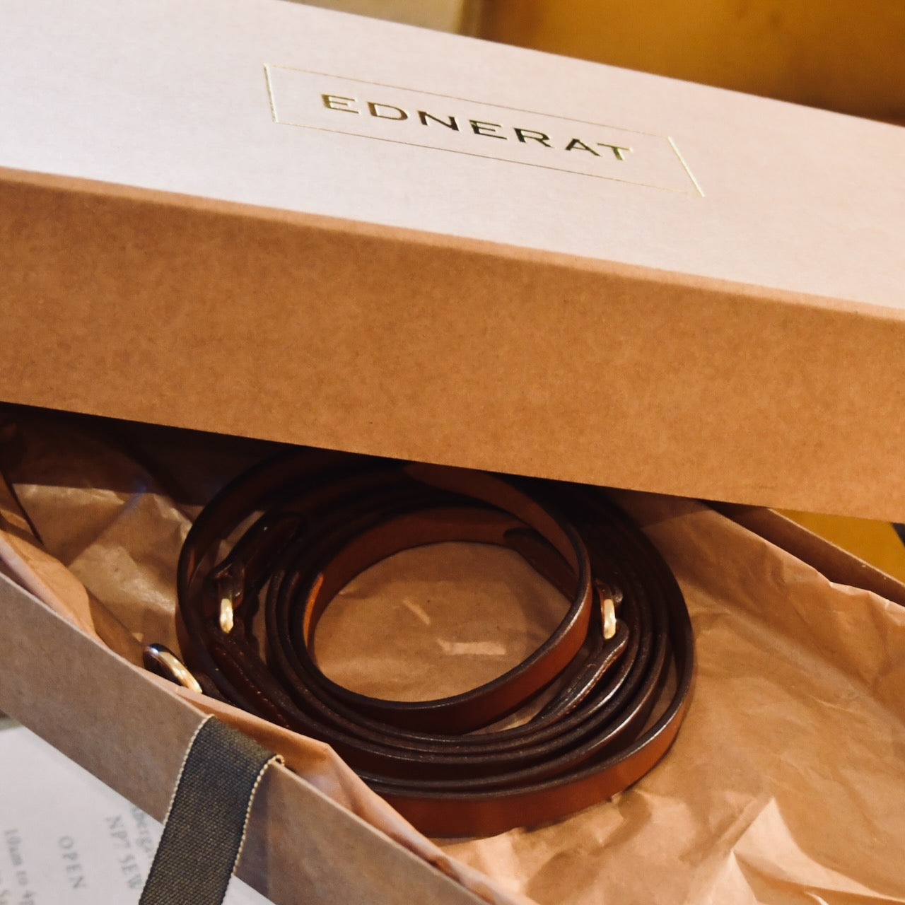 A Boxed saddle Leather Belt.  EDNERAT Hazel Double Wrap Belt - 195cm, made from British Saddle Leather with solid brass fittings. Handmade in Britain. 