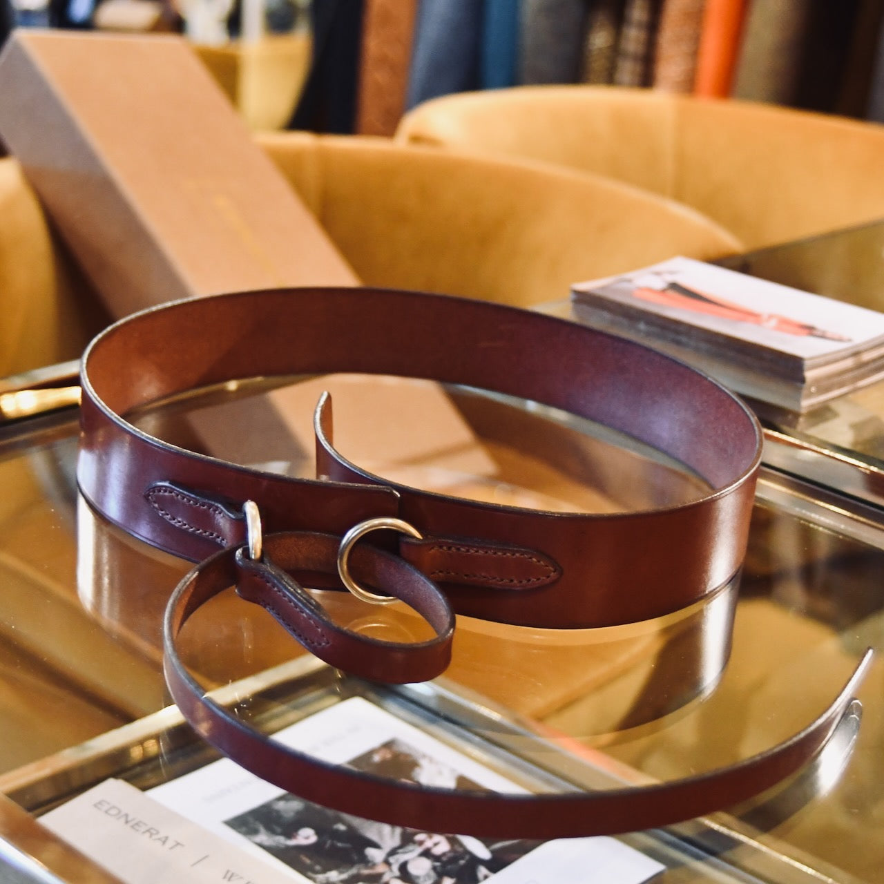 The EDNERAT Hazel Ring Wrap Belt - 68cm, crafted from British saddle leather with solid brass fittings. Handmade in Britain..