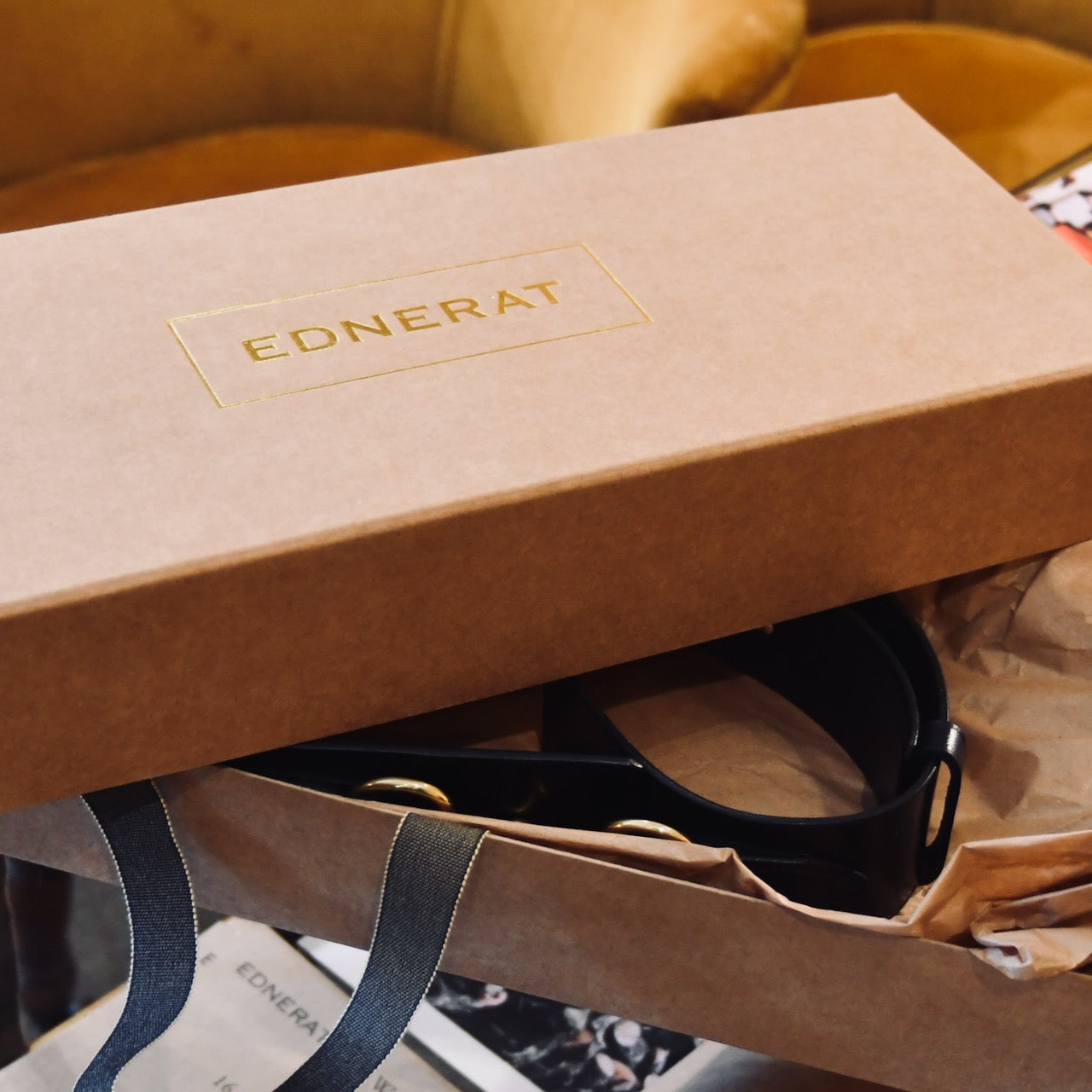 Boxed Black Adjustable Bit Belt—80-95 cm, crafted from British saddle leather with solid brass fittings. Handmade in Britain.