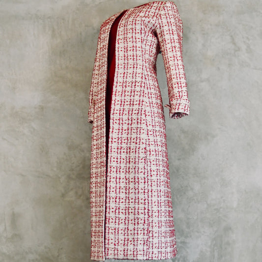 Fitted Hourglass Coat in Pink Linton Tweeds Boucle. A Summer Bouclé Coat perfect for Royal Ascot and Summer Occasions. An investment piece handmade in Britain.- Side View