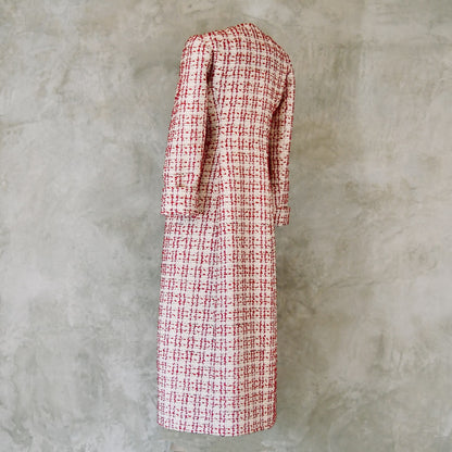 Fitted Hourglass Coat in Pink Linton Tweeds Boucle. A Summer Bouclé Coat perfect for Royal Ascot and Summer Occasions. An investment piece handmade in Britain.  Rear View