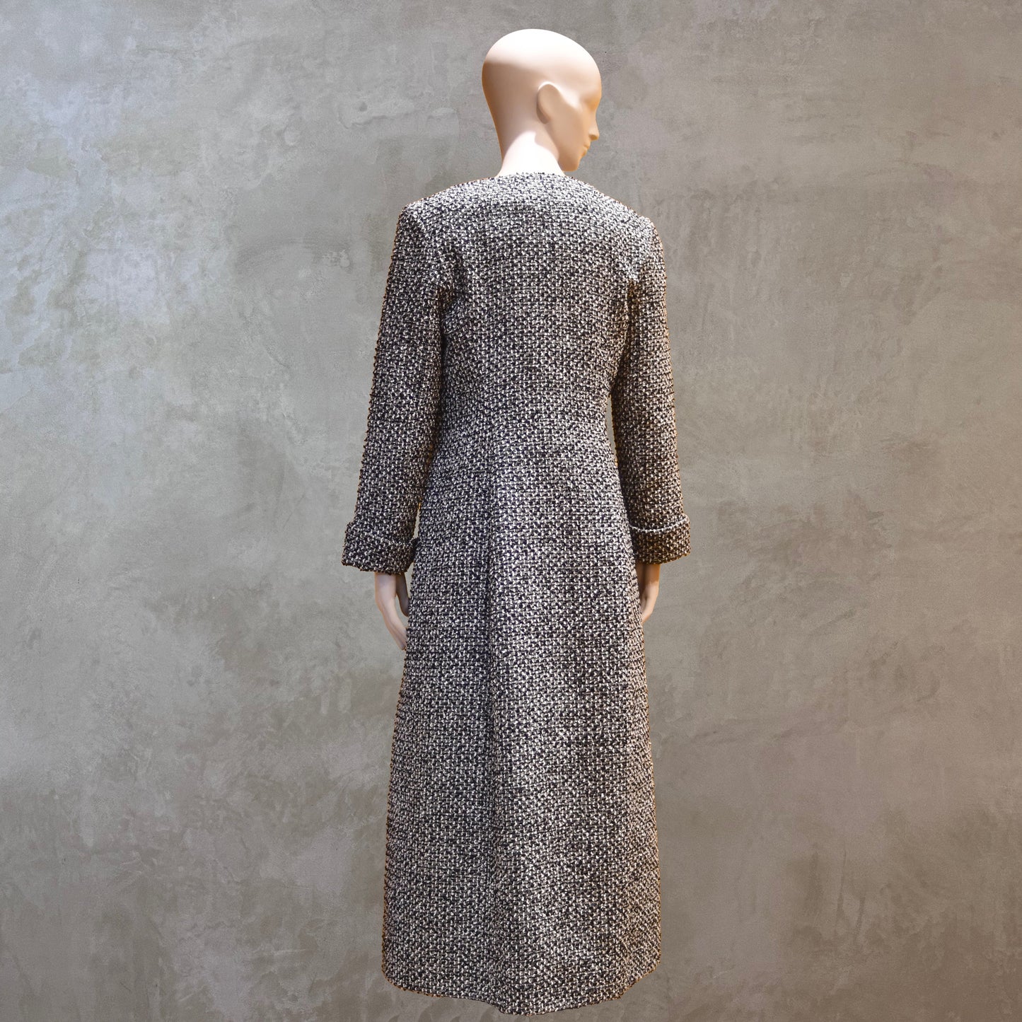 Fitted Longline Hourglass Coat in Linton Tweeds Black and White Boucle. An investment piece for Ascot, Weddings and Work. Handmade in Britain. Rear View
