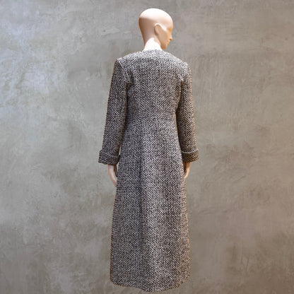Fitted Longline Hourglass Coat in Linton Tweeds Black and White Boucle. An investment piece for Ascot, Weddings and Work. Handmade in Britain. Rear View