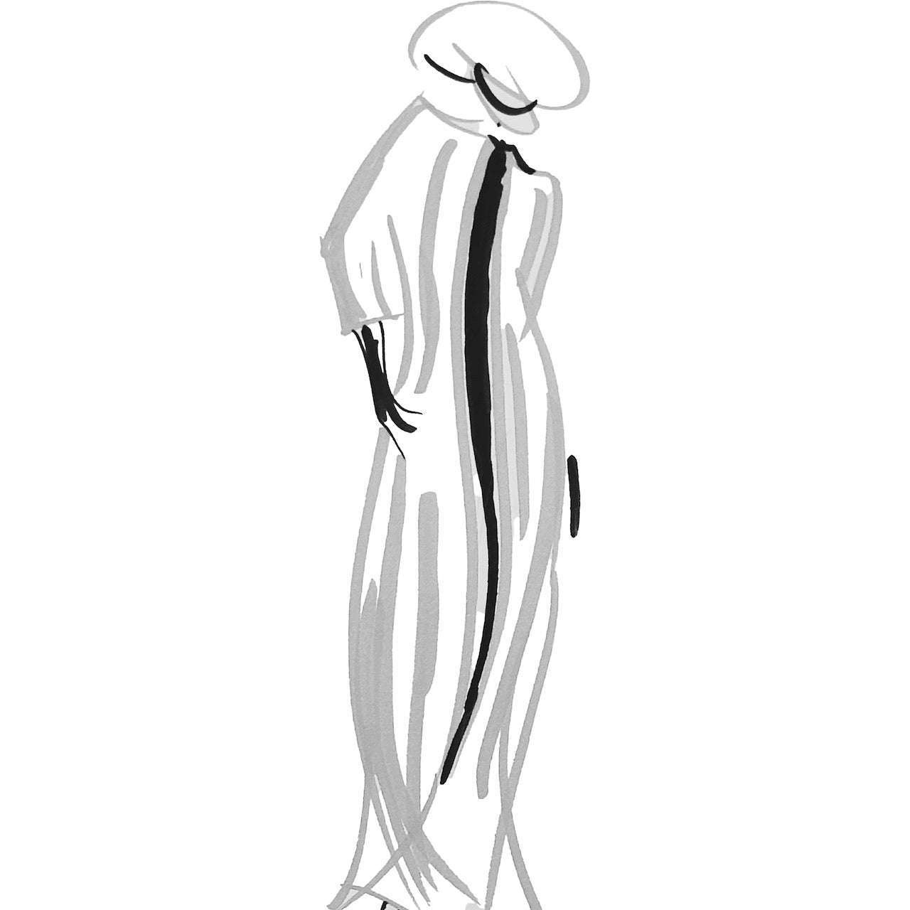 Sketch of EdNerat's Skirted Hourglass Coat. Drawn in Wales. Cut, Made and Finished by Hand in London.