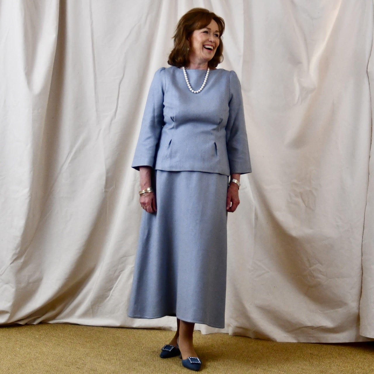 Boat Neck Skirt Suit in Pale Blue Silk Matka. Handmade in Britain.