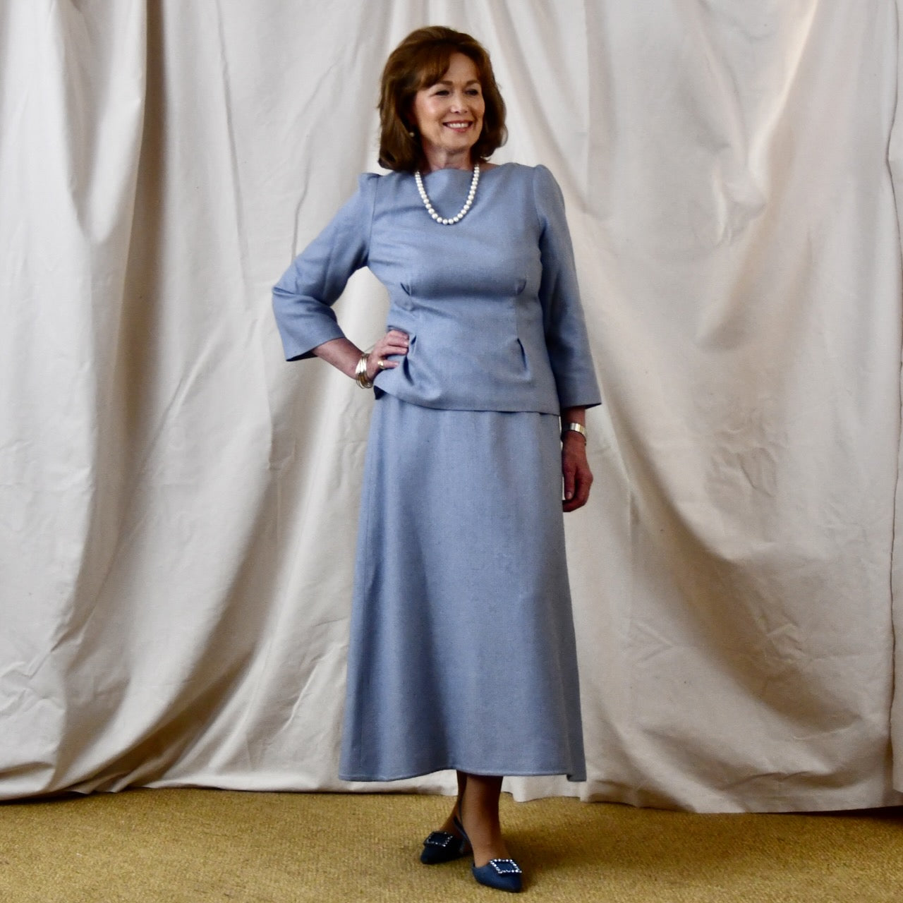 Boat Neck Skirt Suit in Pale Blue Silk Matka. Handmade in Britain.